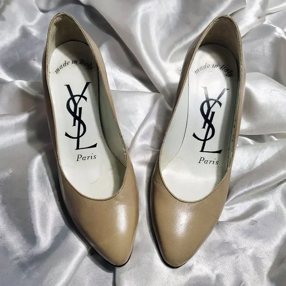 Vintage YSL beige tan thick high heel leather pumps SZ 5.5 - Picture 2 of 5